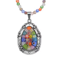 Multi Color Murano Style Pendant with Facet Beaded Necklace 20 Inches in Black Oxidized Stainless Steel