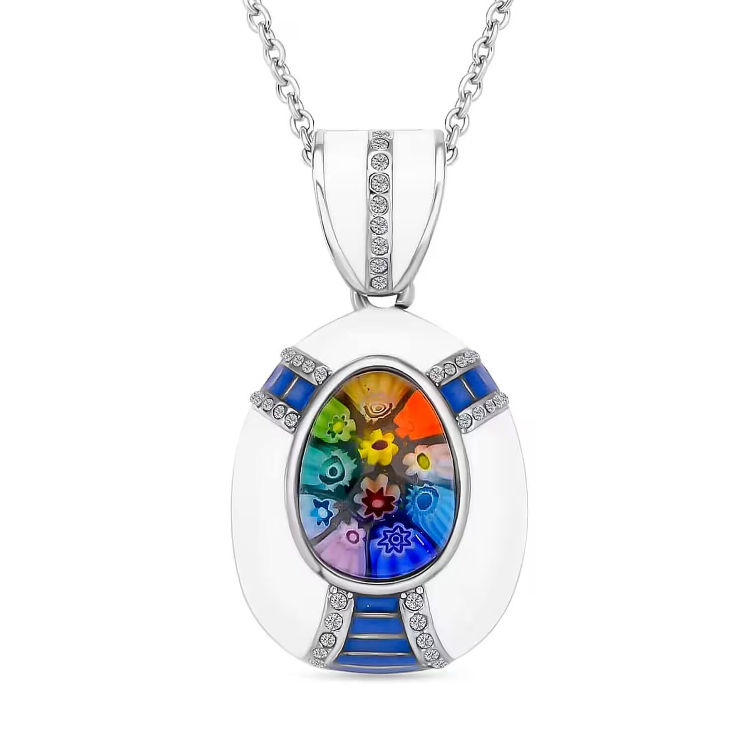 Murano Style and Enameled Heart Pendant Necklace 20 Inches in Stainless Steel