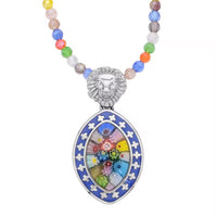 Multi Color Murano Style Pendant with Facet Beaded Necklace 20 Inches in Black Oxidized Stainless Steel