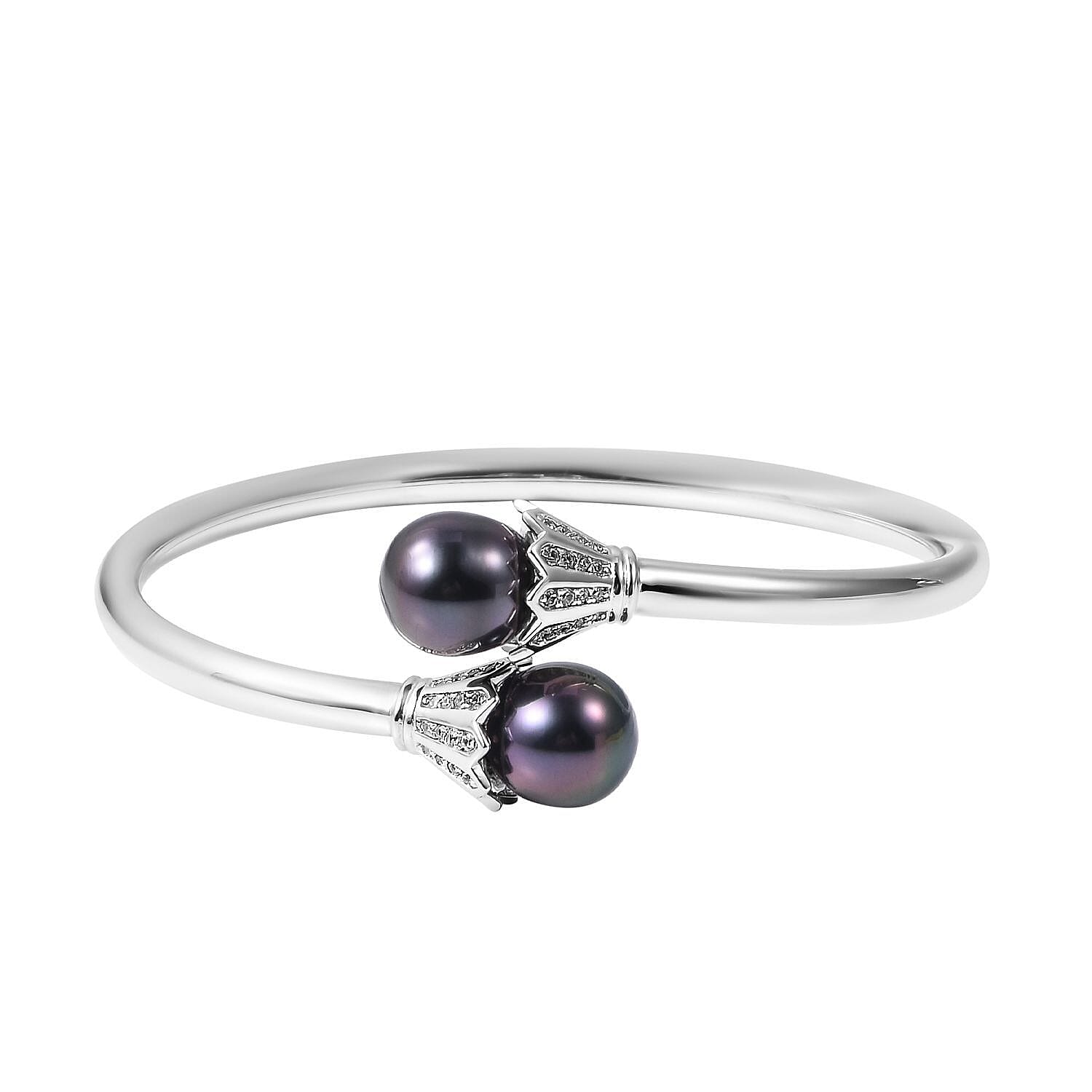 Tahitian Cultured Pearl and Natural White Zircon Cuff Bracelet in Platinum Over Sterling Silver (6.75 in) 12.85 Grams 0.50 ctw
