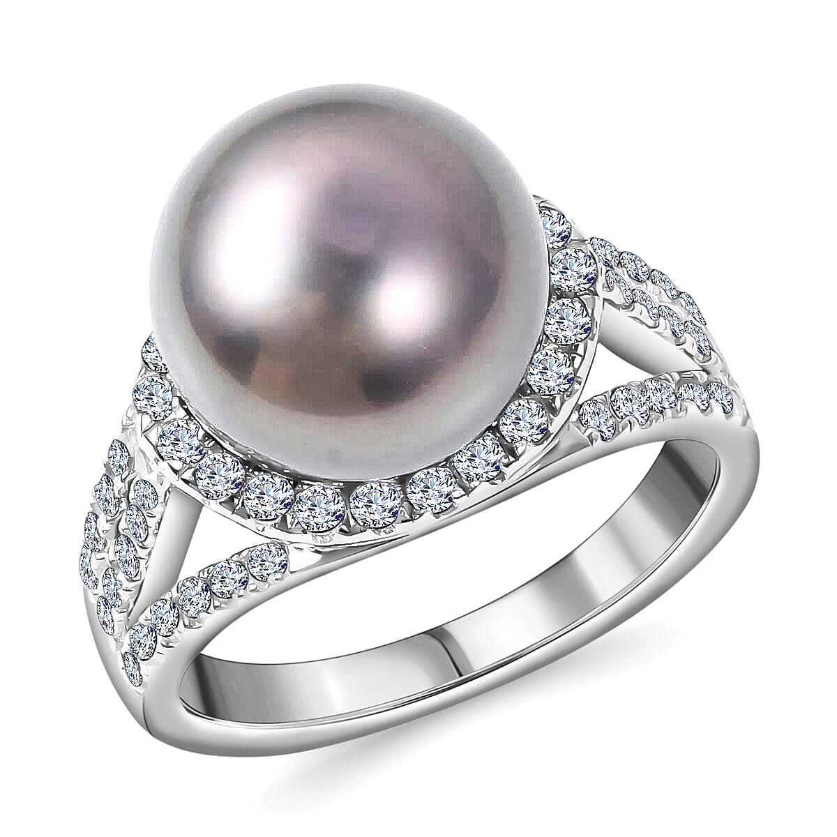 Tahitian Cultured Pearl and Natural White Zircon Triple Split Shank Ring in Platinum Over Sterling Silver 1.35 ctw