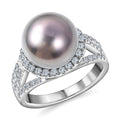 Tahitian Cultured Pearl and Natural White Zircon Triple Split Shank Ring in Platinum Over Sterling Silver 1.35 ctw - Sticky add to cart bar