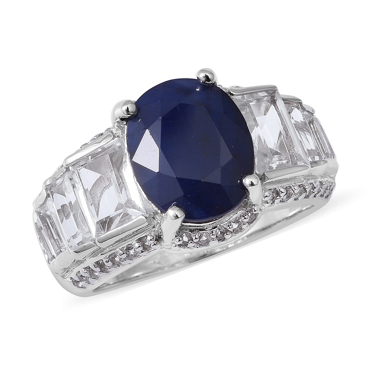 Madagascar Blue Sapphire, White Topaz Ring in Platinum Over Sterling Silver (Size 8.0) 10.04 ctw (1)