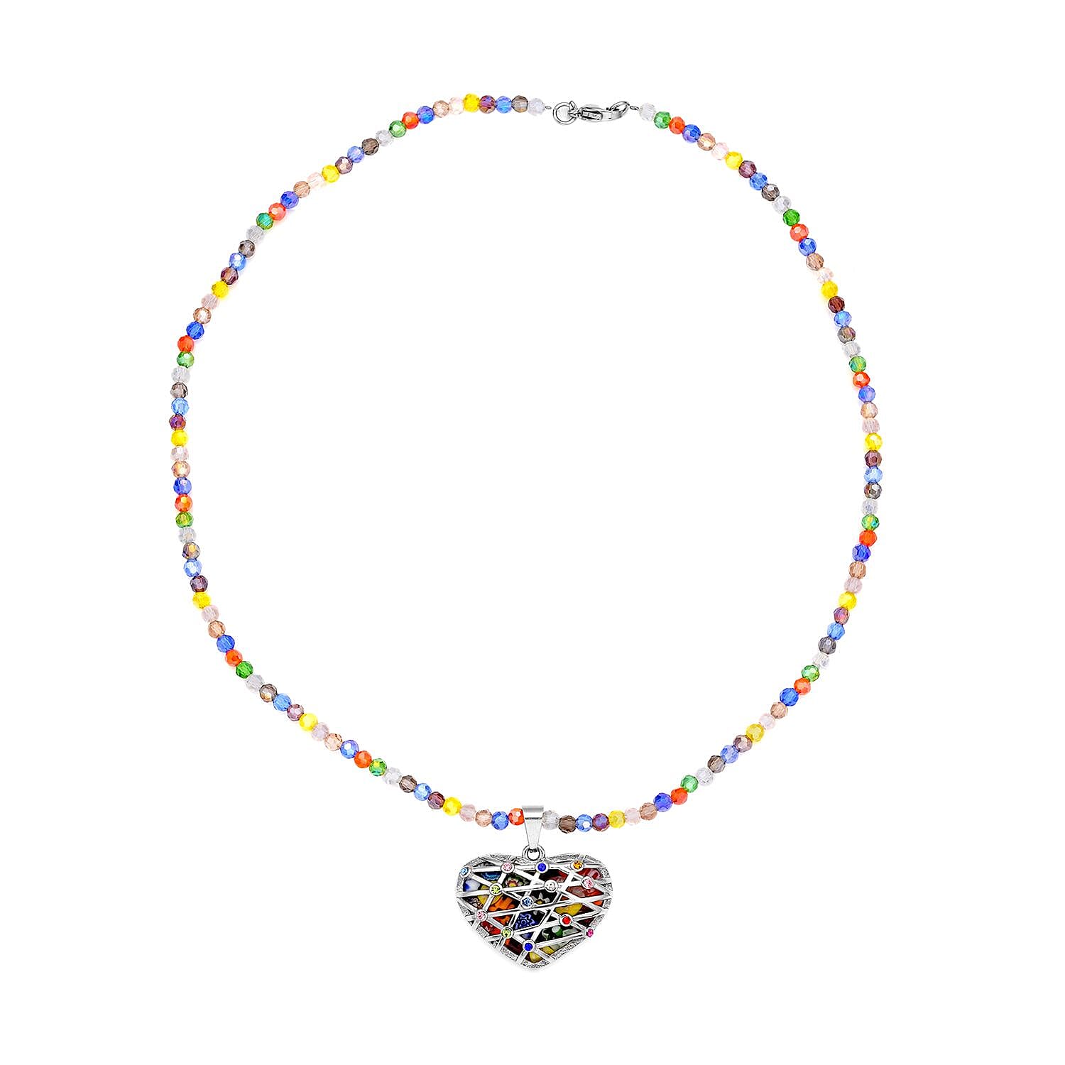 Murano Style and Multi Gemstone Heart Pendant Necklace 20 Inch in Stainless Steel