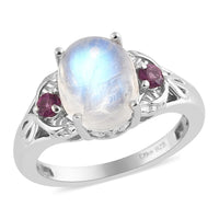 Rainbow Moonstone and Orissa Rhodolite Garnet Ring in Platinum Over Sterling Silver 3.10 ctw