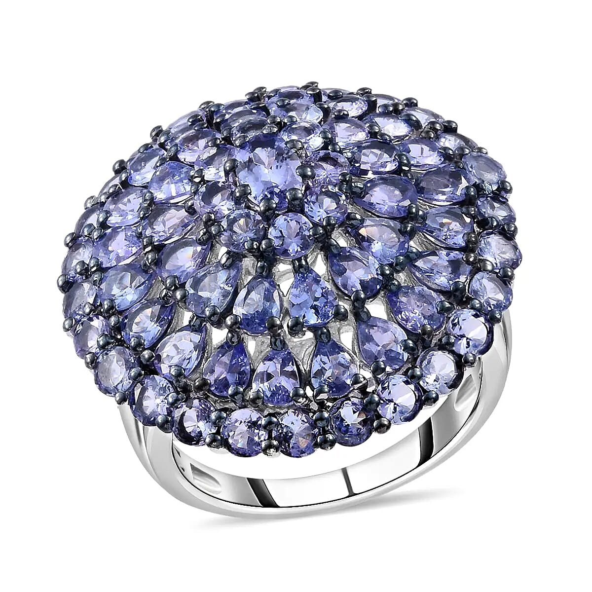 Tanzanite Ring in Rhodium and Platinum Over Sterling Silver ,Tanzanite Cluster Ring, Floral Ring, Silver Ring,Wedding Ring For Her 8.10 ctw (Size 10)