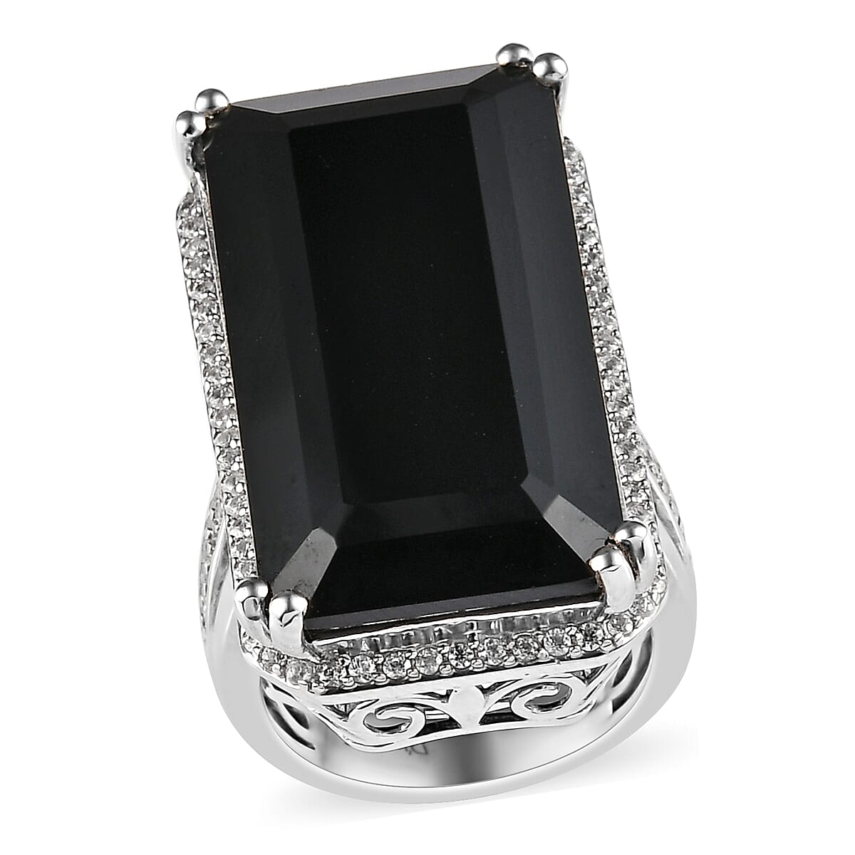 Natural Thai Black Spinel and Natural White Zircon Elongated Ring in Platinum Over Sterling Silver 49.35 ctw