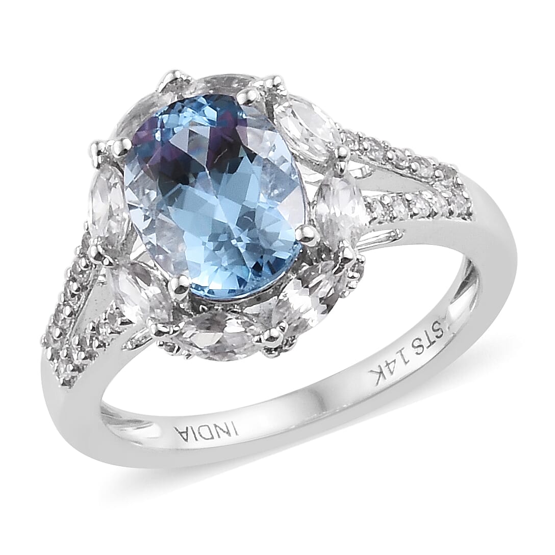 Premium Santa Maria Aquamarine and Zircon Ring in 14K White Gold 2.80 Grams 3.00 ctw