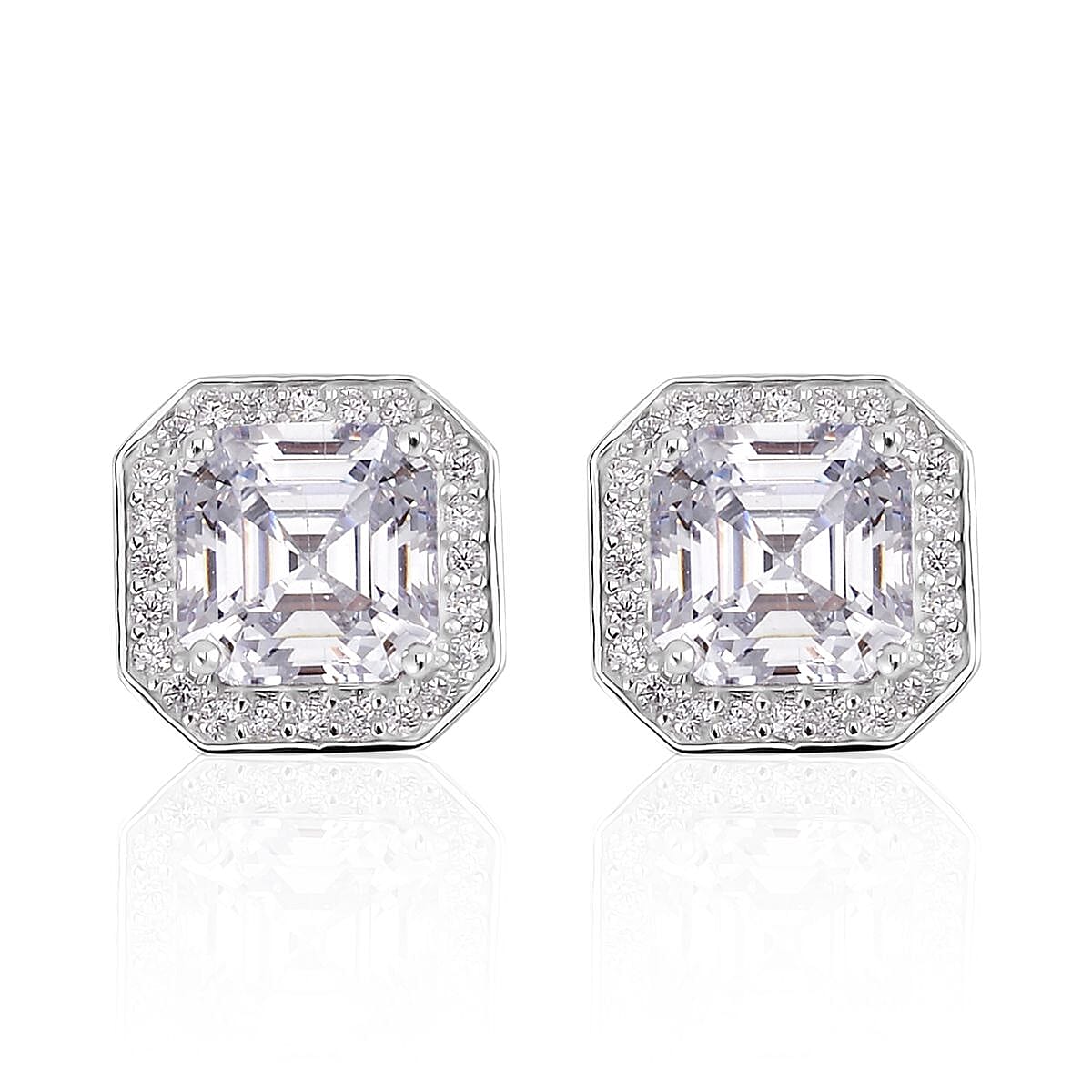 Lustro Stella Asscher Cut Finest CZ 8mm Halo Stud Earrings in Platinum Over Sterling Silver 7.00 ctw