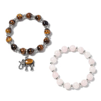 Set of 2 168.50 ctw Galilea Rose Quartz and South African Tigers Eye Stretch Bracelets in Black Oxidized Silvertone