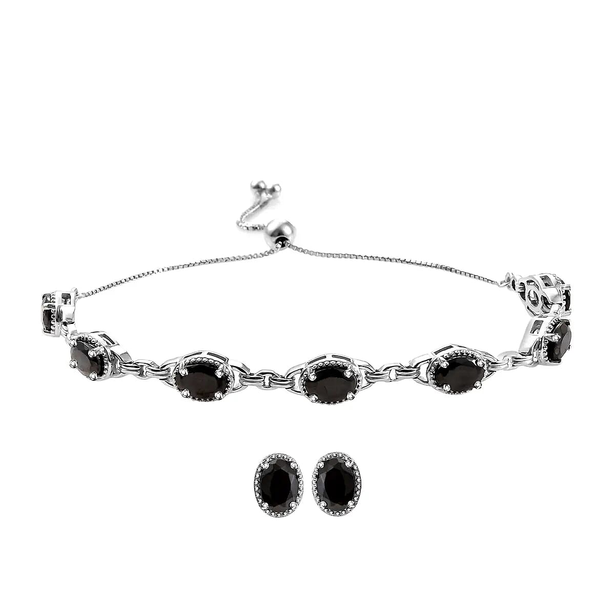 Elite Shungite Earrings Bracelet in Platinum Over Sterling Silver, Adjustable Bolo Bracelet, Shungite Studs, Silver Jewelry Set 4.50 ctw
