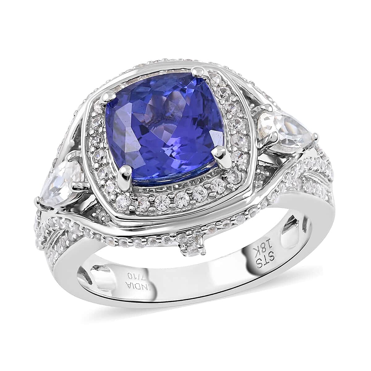 18K White Gold AAA Tanzanite and Zircon Ring (Size 7.0) 9.40 Grams 4.10 ctw