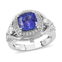 18K White Gold AAA Tanzanite and Zircon Ring (Size 7.0) 9.40 Grams 4.10 ctw