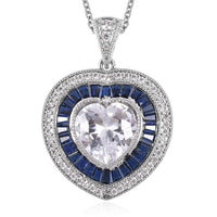 Simulated Blue Sapphire and Simulated White Diamond Pendant Necklace 20 Inch in Silvertone and Stainless Steel