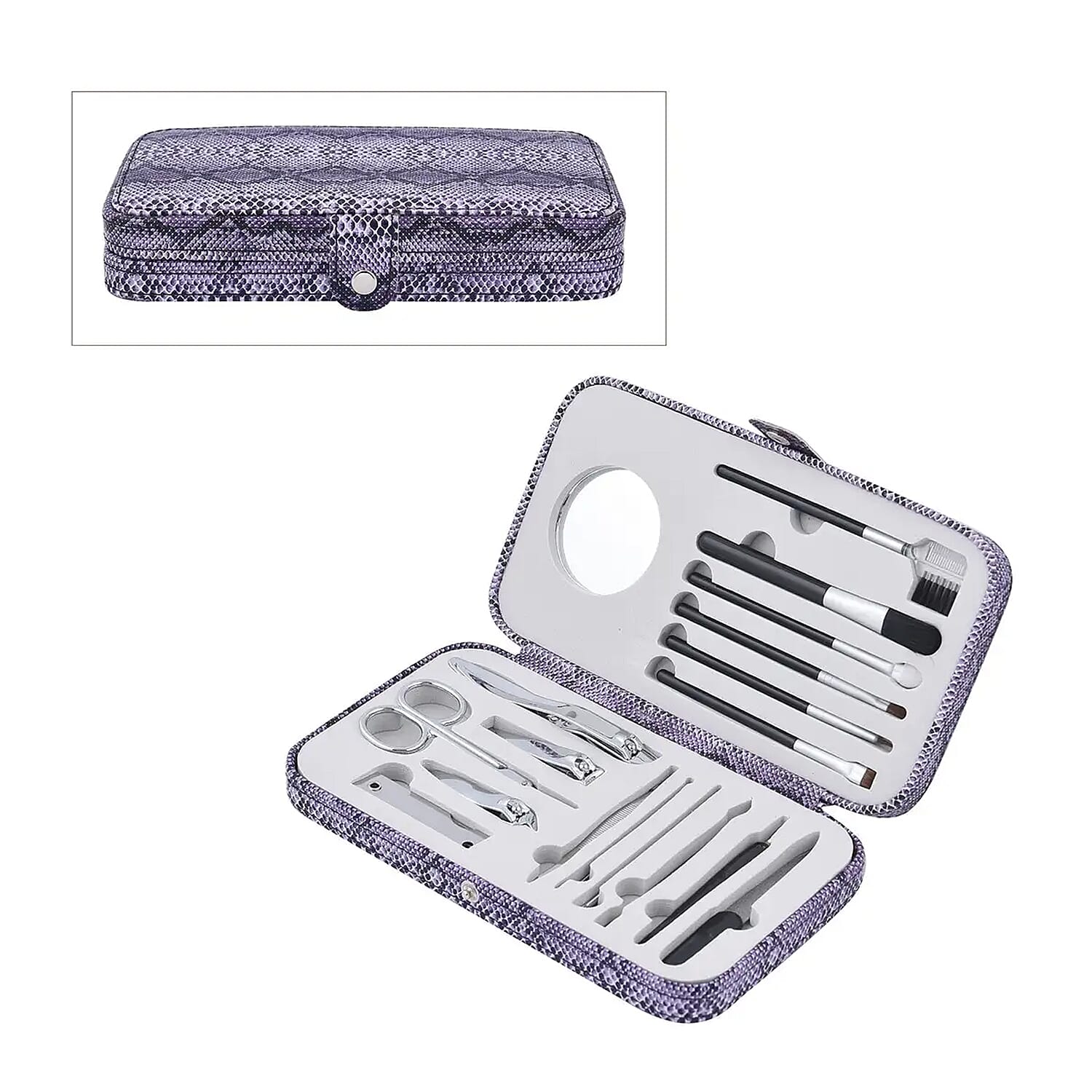 18 Pc Grooming and Cosmetic Makeup Kit in Black Faux Leather Snap Case (8x4 in)