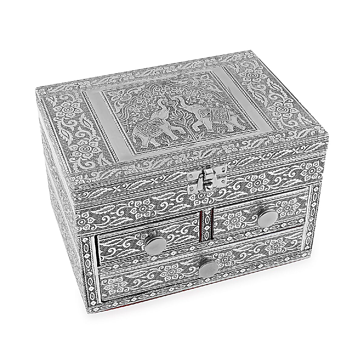 Oxidized Aluminum Elephant Embossed Grand 3 Drawer Jewelry Box (8"x6"x5")