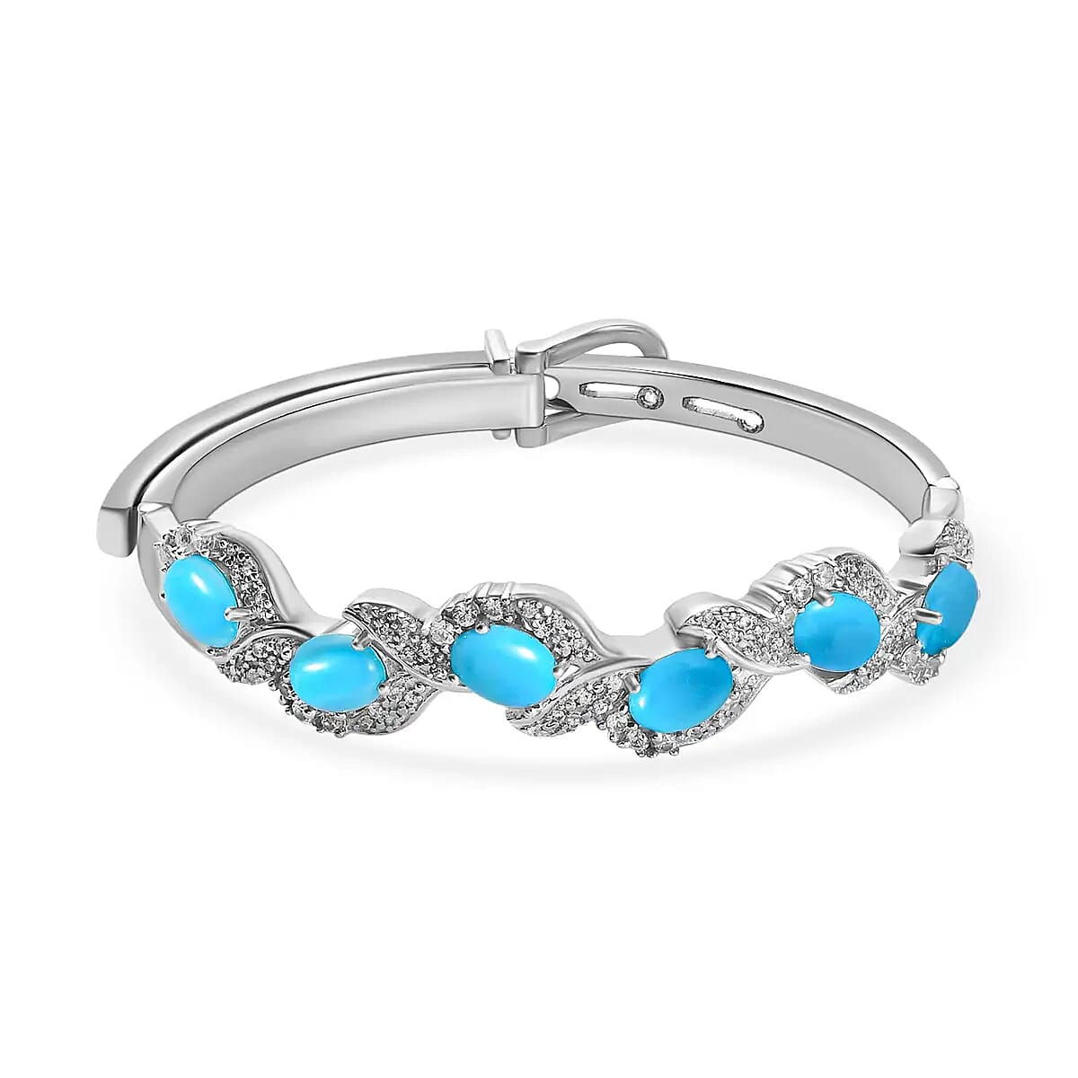 American Natural Sleeping Beauty Turquoise and Cambodian Zircon Buckle Bangle Bracelet (7.25 in) in Sterling Silver 32.60 Grams 7.10 ctw