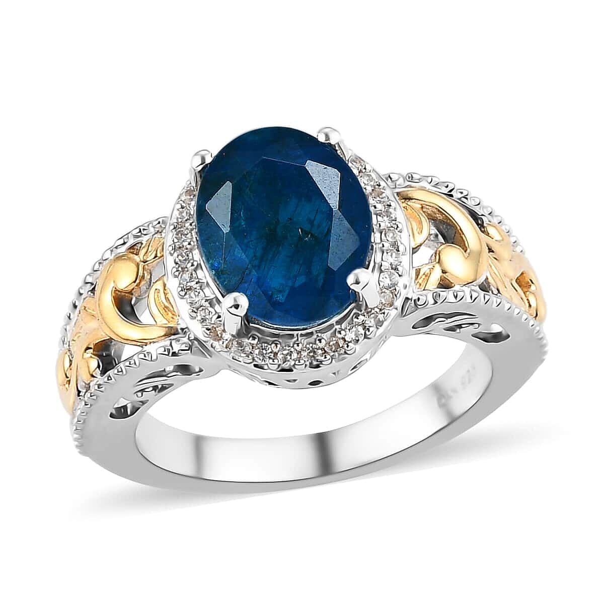 Malgache Neon Apatite and Natural White Zircon Ring in Vermeil Yellow Gold and Platinum Over Sterling Silver (Size 10.0) 2.75 ctw