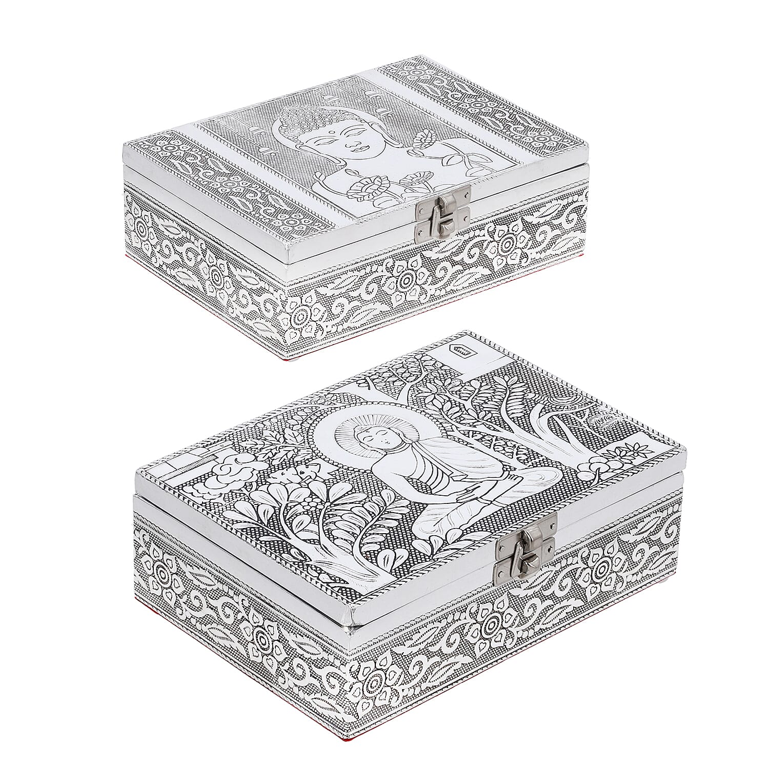 Set of 2 Aluminum Oxidized Buddha Embossed Jewelry Storage Box