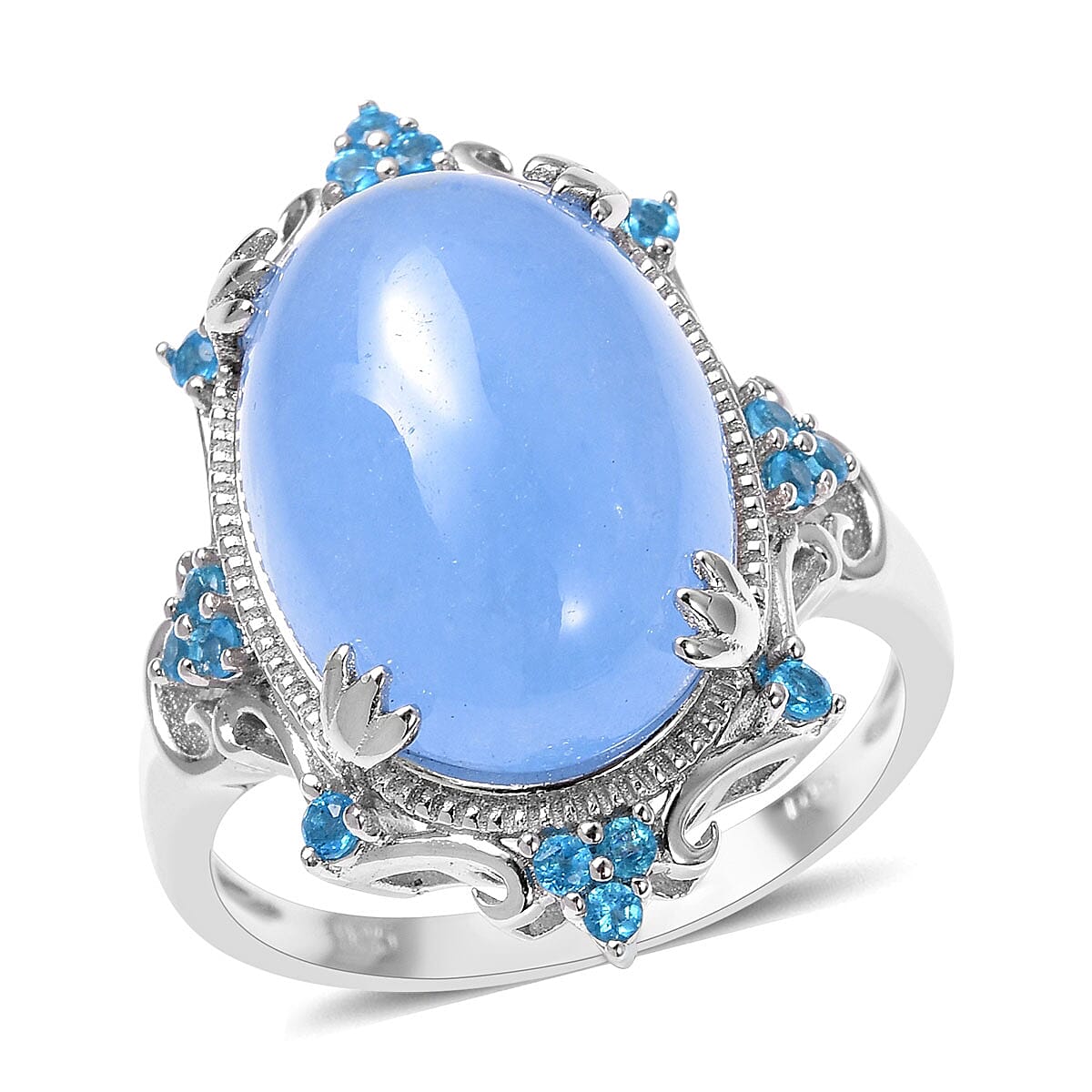 Burmese Blue Jade, Malgache Neon Apatite Ring in Sterling Silver (Size 9.0) (Avg. 7.8 g) 14.65 ctw (1)