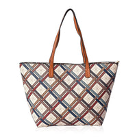Beige, Multi Color Flower Woven Checker Pattern Faux Leather Tote Bag (18x12x4 in)