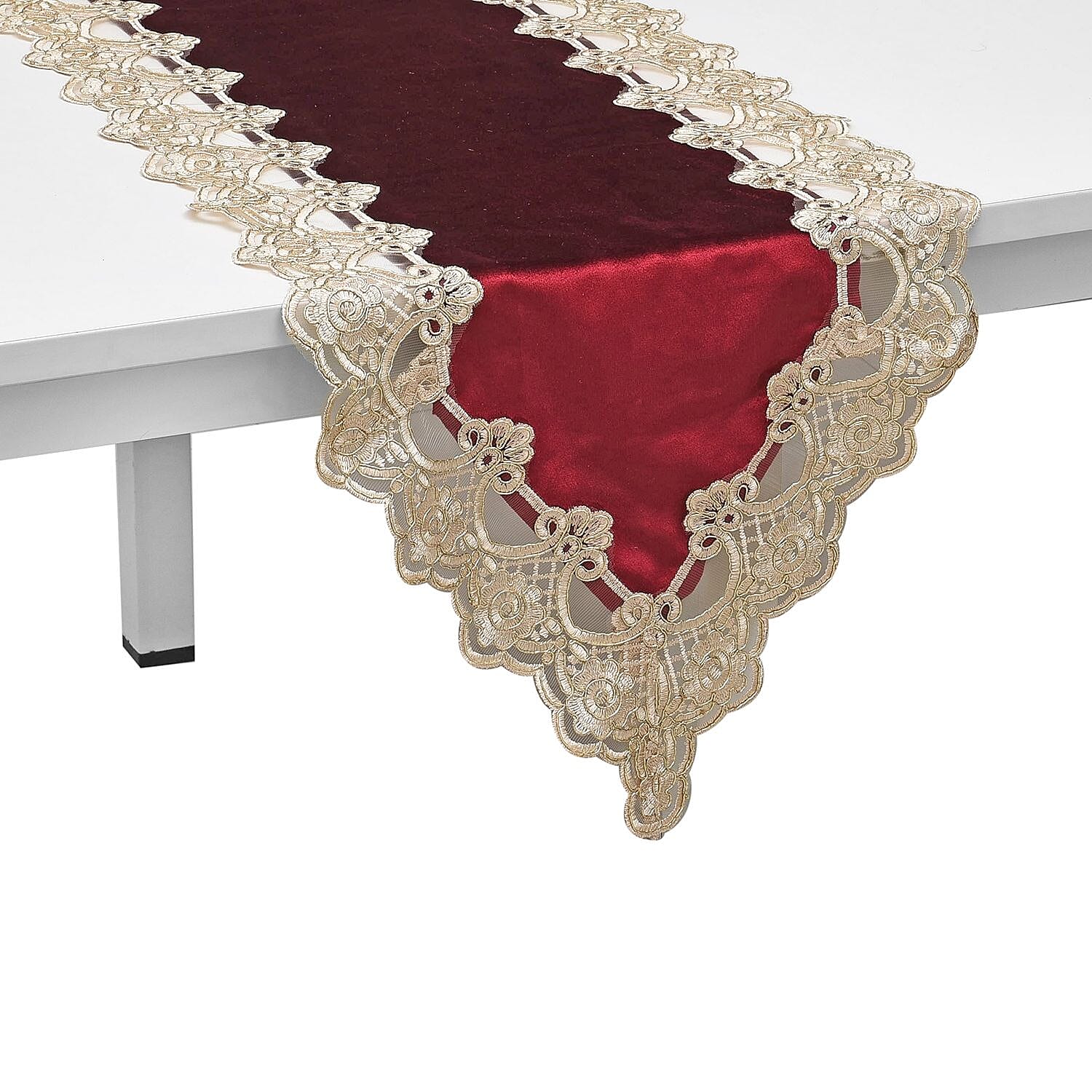 Homesmart Wine Elegant Damask Pattern Polyester Table Runner with Gold Lace Border