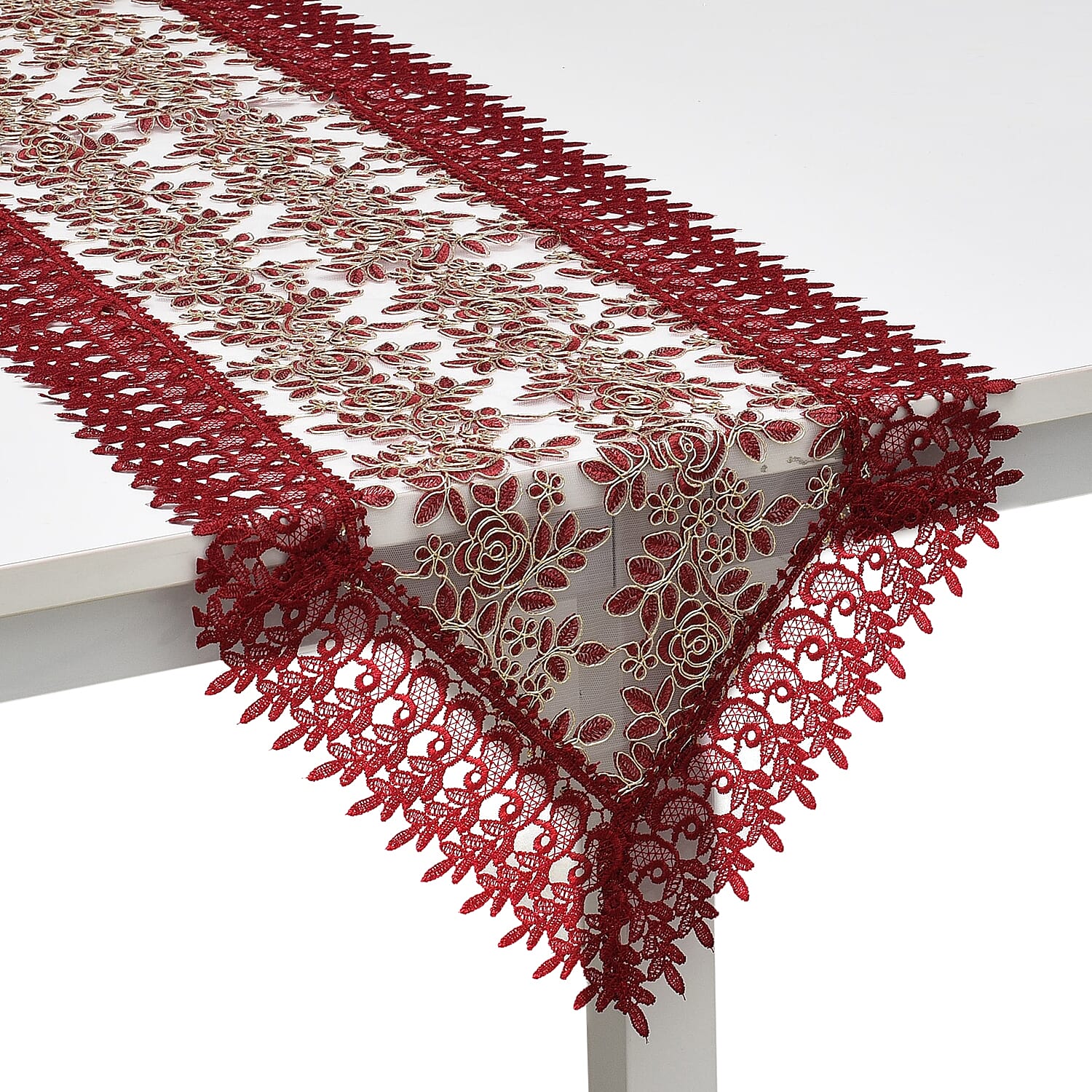 HOMESMART Golden and Tan Floral Pattern Polyester Lace Table Runner