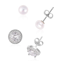 1.80 ctw Set of 2 Freshwater Pearl and Simulated Diamond Stud Earrings in Sterling Silver