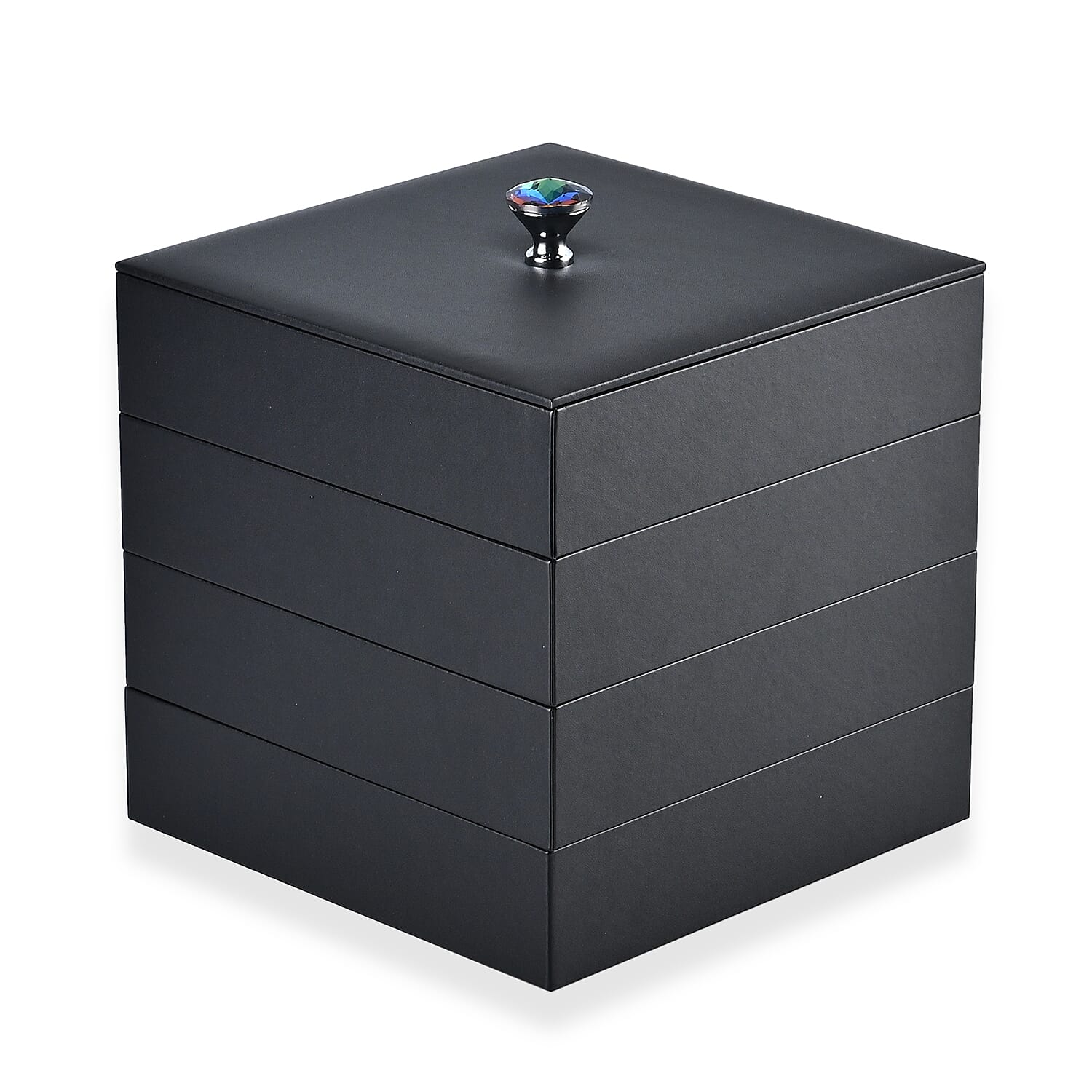 Black Faux Leather 4 Tier Stackable Jewelry Organizer with Mirror Lid (8.5 in)