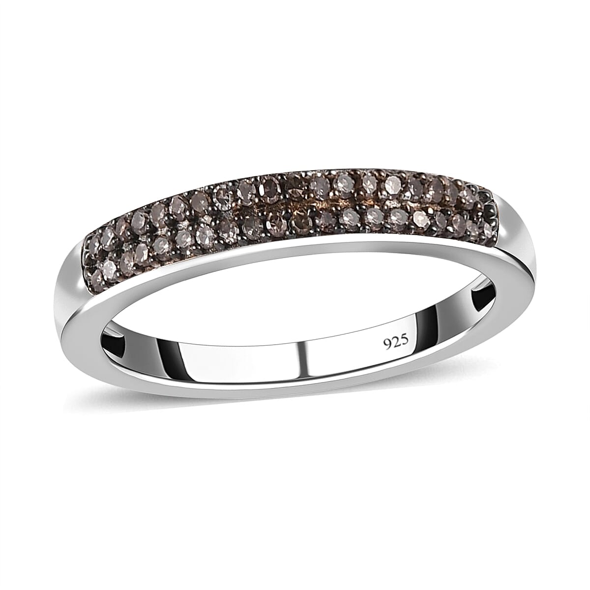 D'Joy Natural Champagne Diamond Double Row Band Ring in Black Rhodium & Platinum Over Sterling Silver (Size 10.0) 0.25 ctw