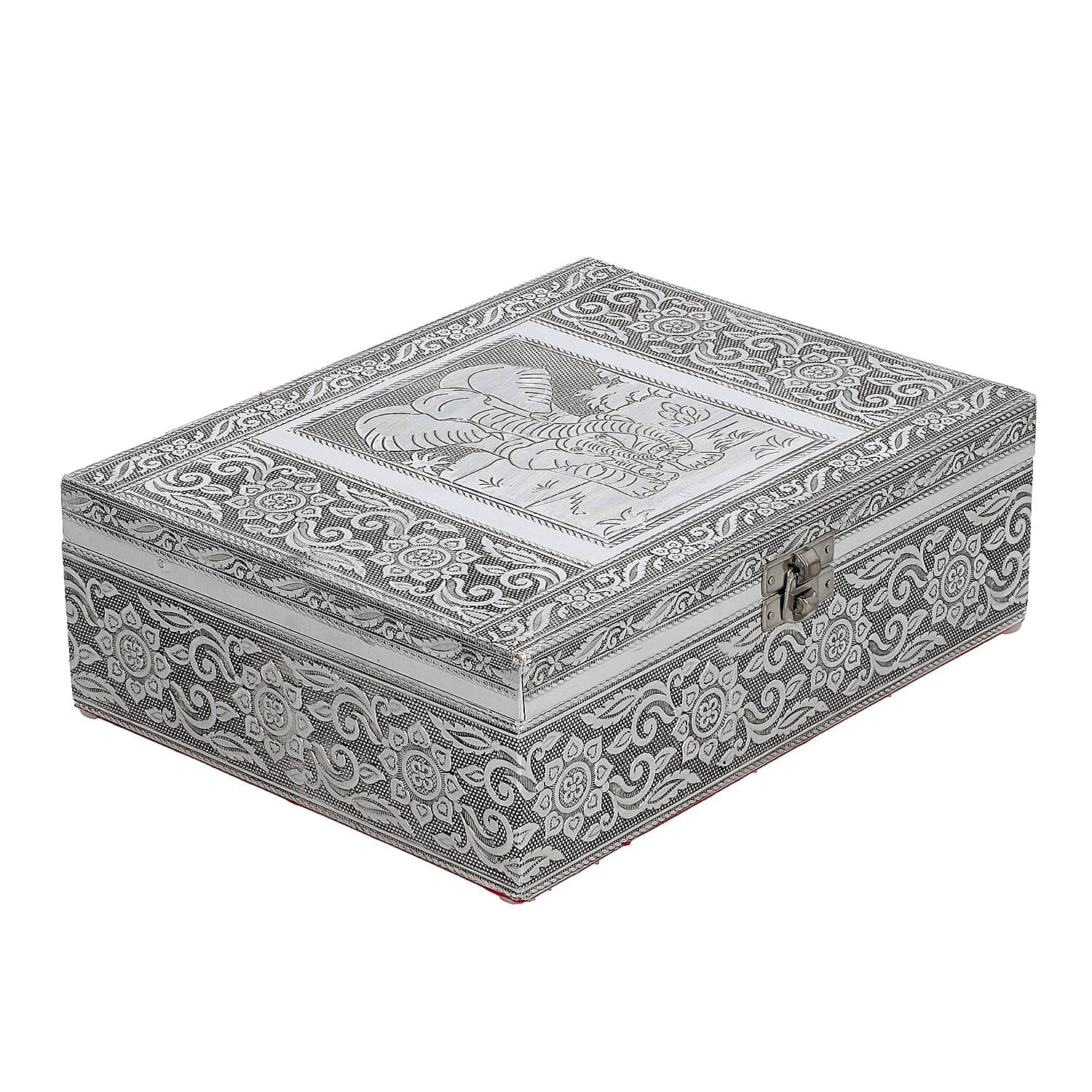 Aluminium Oxidized Elephant Family Embossed Movable Tray Jewelry Box