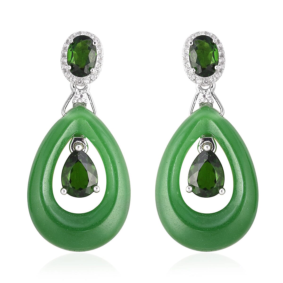 Green Jade (D), Multi Gemstone Inner Drop Earrings in Sterling Silver 31.40 ctw