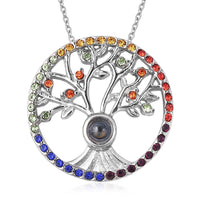 Multi Color Austrian Crystal Hidden Message Tree of Life Pendant Necklace 20 Inches in Stainless Steel