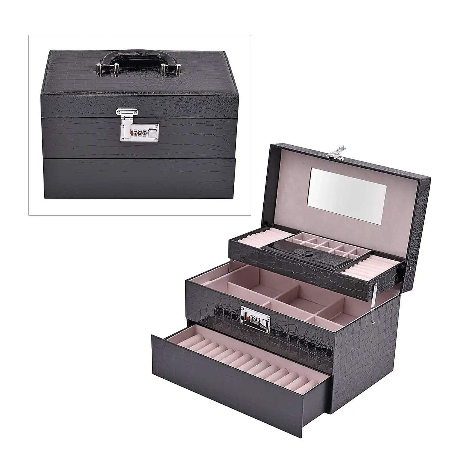 Black Crocodile Embossed Faux Leather Convertible Jewelry Box with Padlock (13"x8"x8")