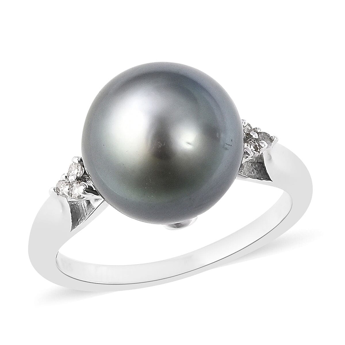 Tahitian Cultured Pearl 11-12mm, Diamond Accent Ring in Sterling Silver (Size 8.0) 0.05 ctw
