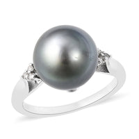 Tahitian Cultured Pearl 11-12mm, Diamond Accent Ring in Sterling Silver (Size 8.0) 0.05 ctw