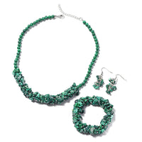 African Malachite, Stretch Bracelet, Earrings and Necklace (18.00 In) in Stainless Steel & Iron  533.50 ctw