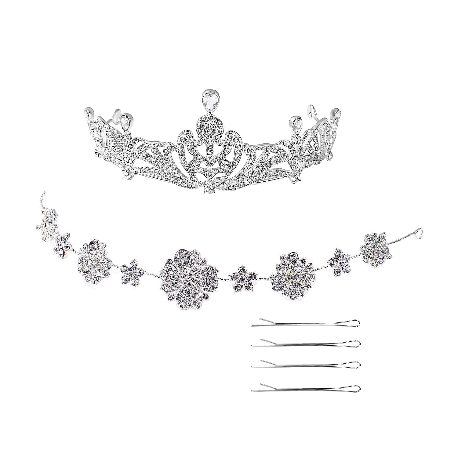 White Glass and Austrian Crystal Blossom Crown Tiara with Hair Band and Pins in Silvertone