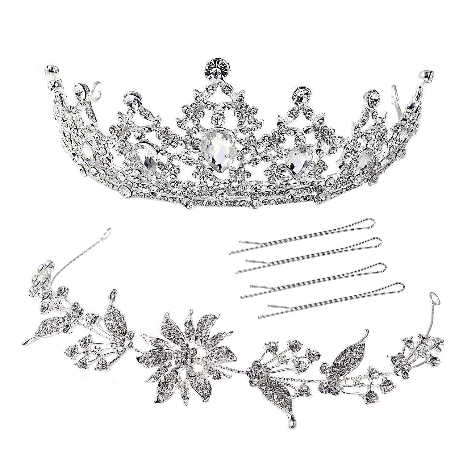 White Glass and Austrian Crystal Blossom Crown Tiara with Hair Band and Pins in Silvertone