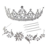 White Glass and Austrian Crystal Blossom Crown Tiara with Hair Band and Pins in Silvertone