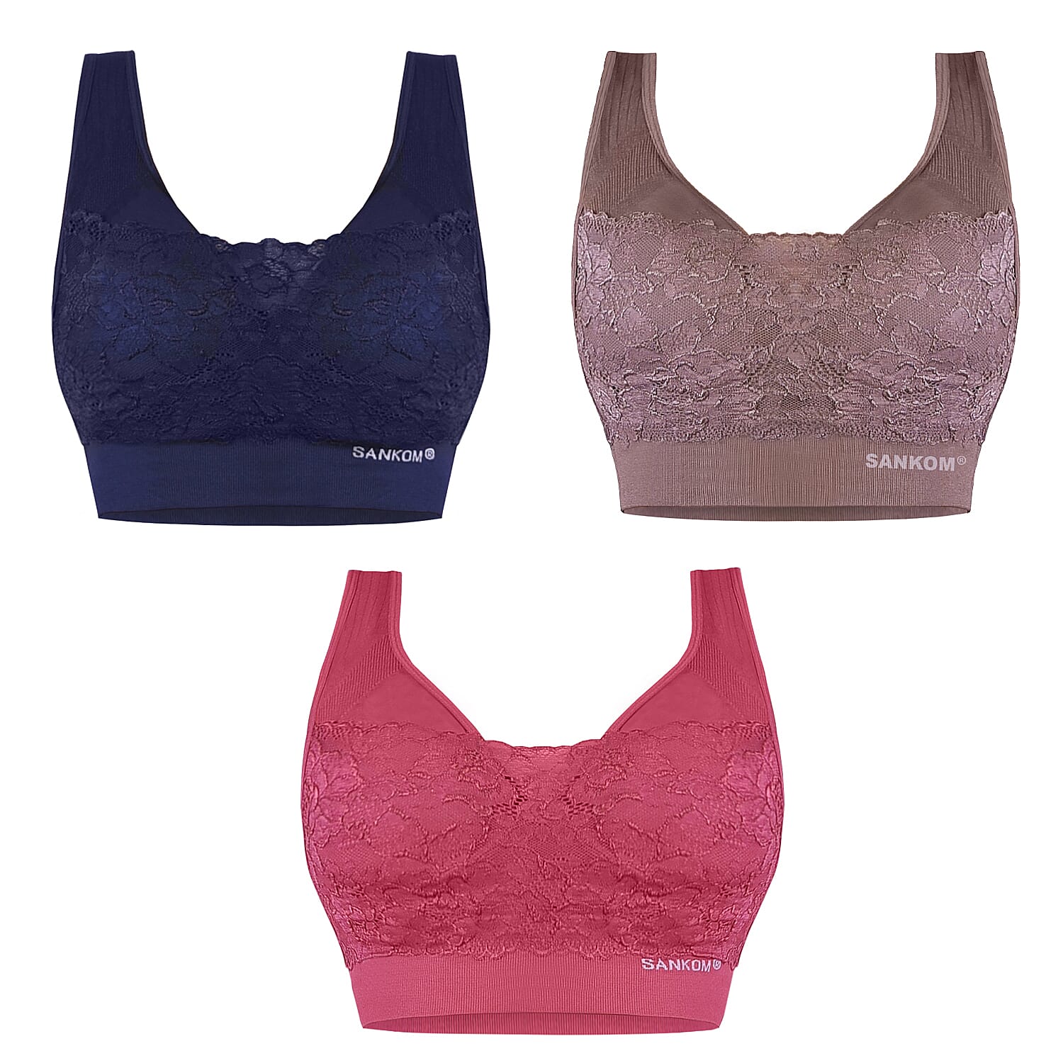 SANKOM Set of 3 Patent Classic Support & Posture Lace Bras - S/M | Navy, Cocoa, and Rose