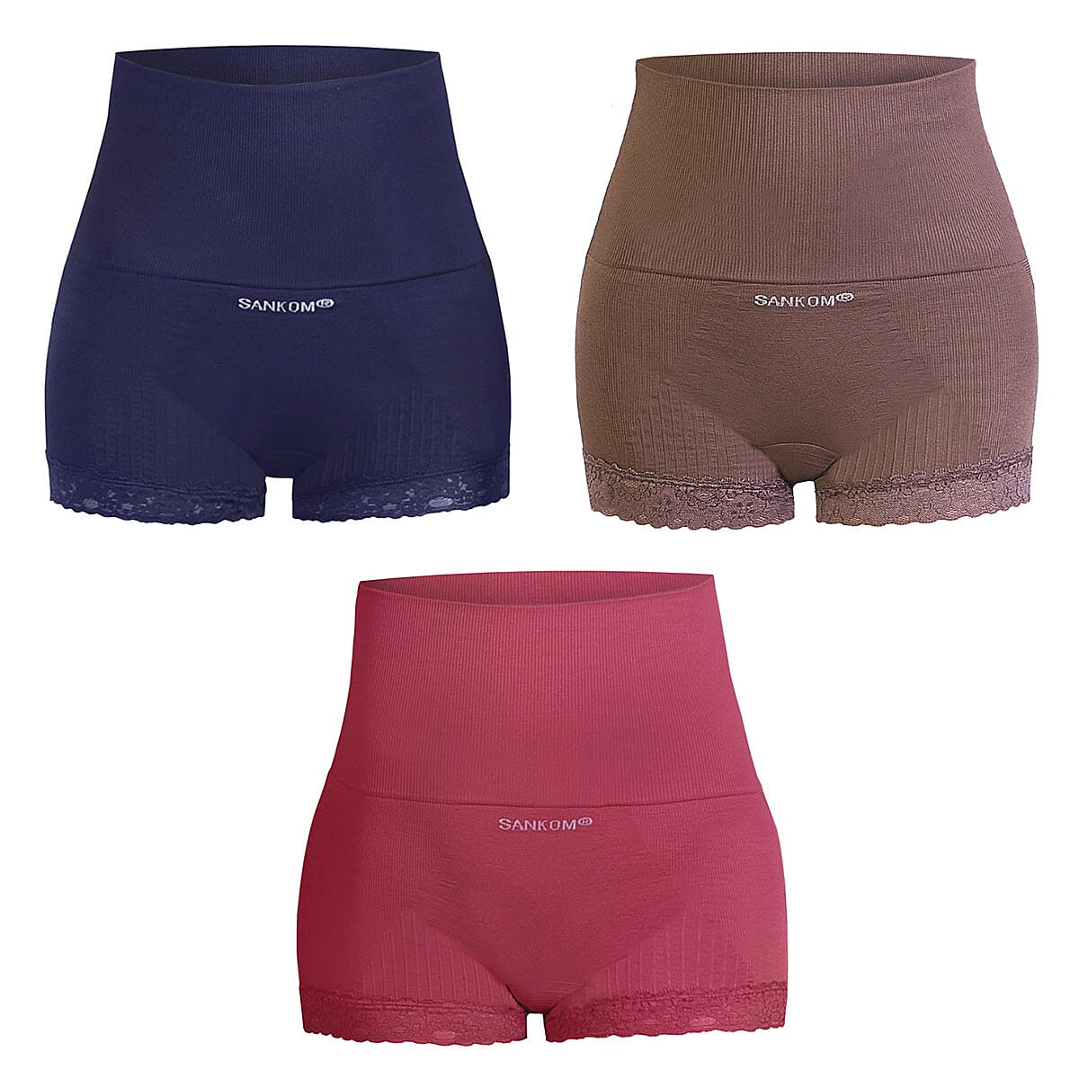 Set of 3 SANKOM Patent Classic Lace Breif Shaper - S/M | Navy, Cocoa, and Rose