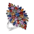 Multi Sapphire Elongated Floral Ring in Platinum Over Sterling Silver (Size 6.0) 8 Grams 6.10 ctw - Sticky add to cart bar