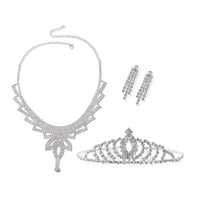 Austrian Crystal Earrings and Marquise Pattern Tiara and Fancy Necklace 18-22 Inches in Silvertone