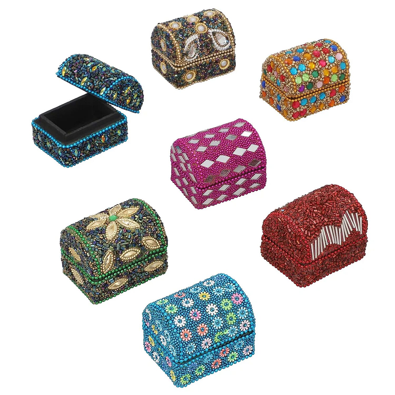 Handcrafted Set of 7 Multi Color, Multi Beaded Wooden Treasure Chest