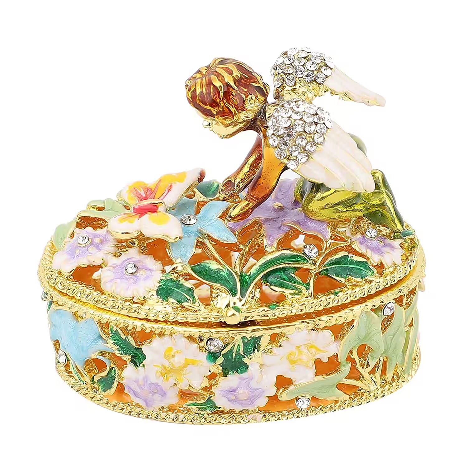 DOORBUSTER White Austrian Crystal, Enameled Angel Trinket Box in Goldtone (2.5x1.5)