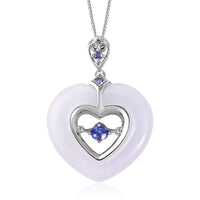 AAA Tanzanite, Burmese White Jade Carved Inner Heart Pendant Necklace (18 in) in Sterling Silver 18.98 ctw
