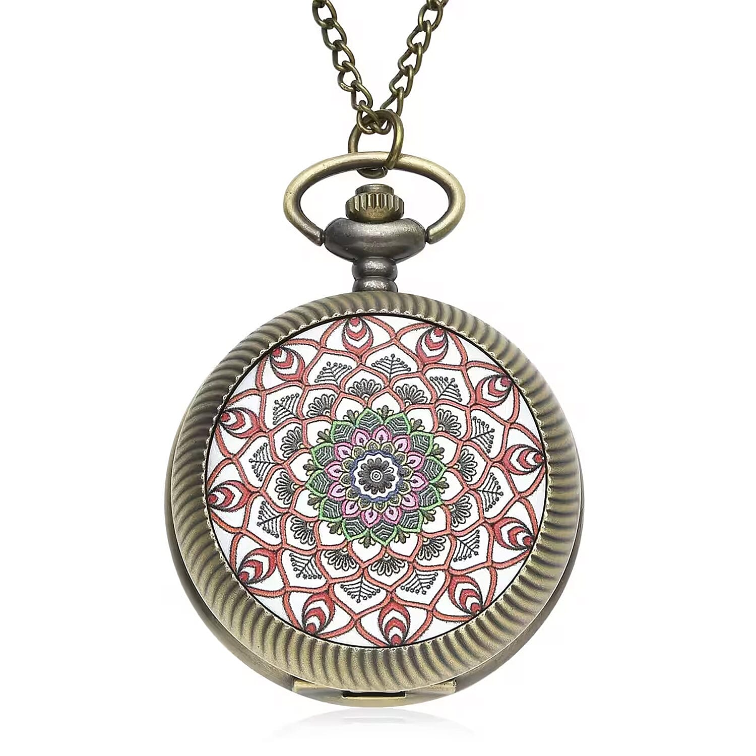 STRADA Japanese Movement Pink Flower Pattern Rotating Pocket Watch in Goldtone With Chain (32 in) (1)