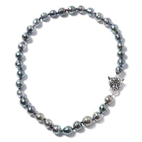 0.66 ctw Tahitian Cultured Pearl 10-11 mm and Multi Gemstone Leopard Head Necklace 18 Inch in Rhodium & Sterling Silver