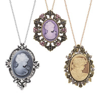 Set of 3 Cameo and Multi Crystal Antique Brooch Pendants with Necklace 24 Inch in Dualtone